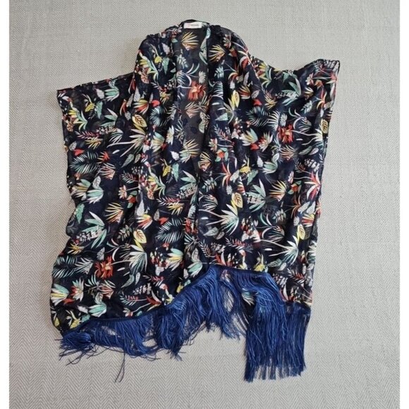 Soul Young Navy Blue Floral Fringed Shawl Cover Up Duster Bohemian Rocker EUC - Picture 5 of 11